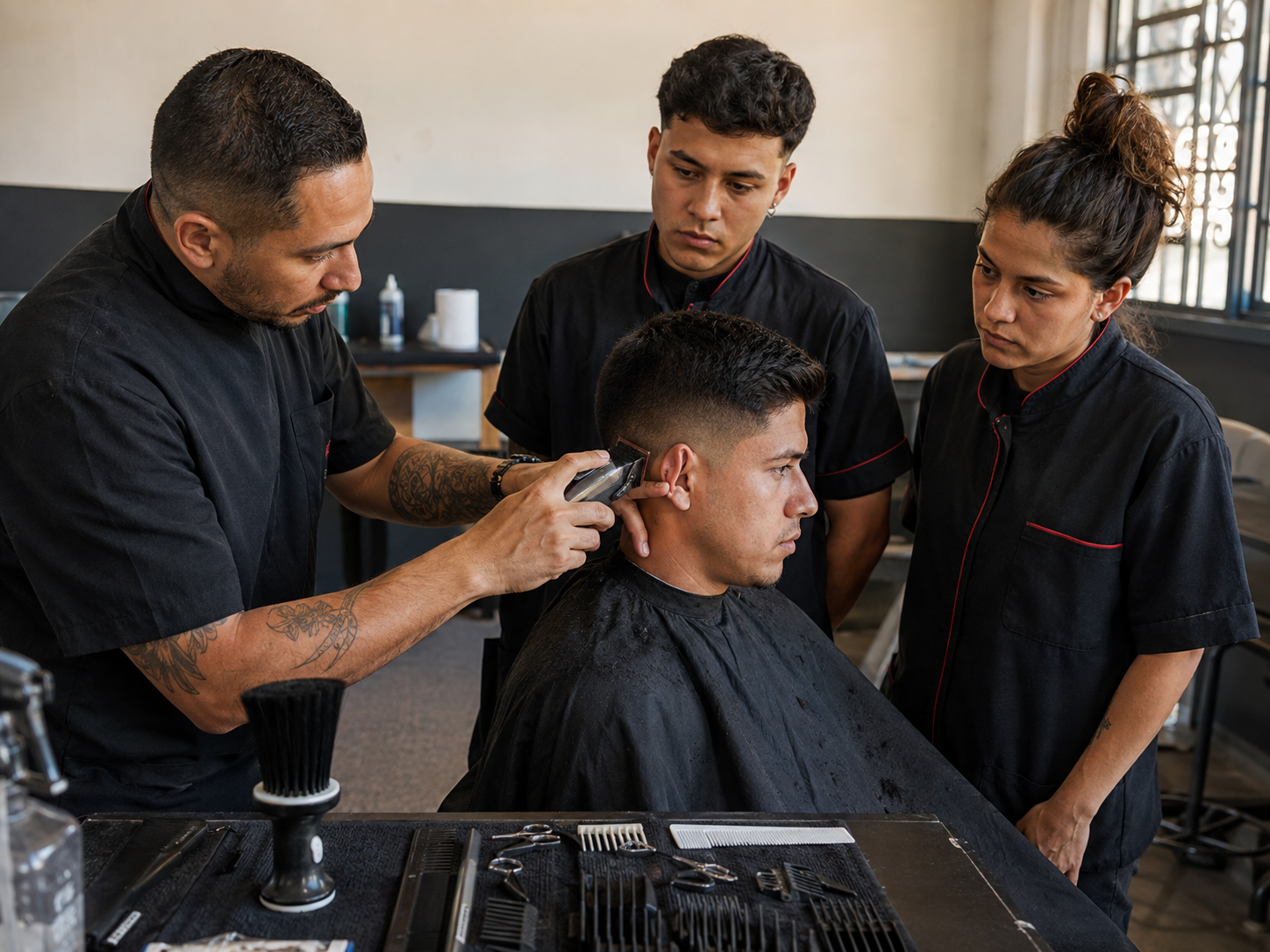 Instructor enseñando técnicas de barbería