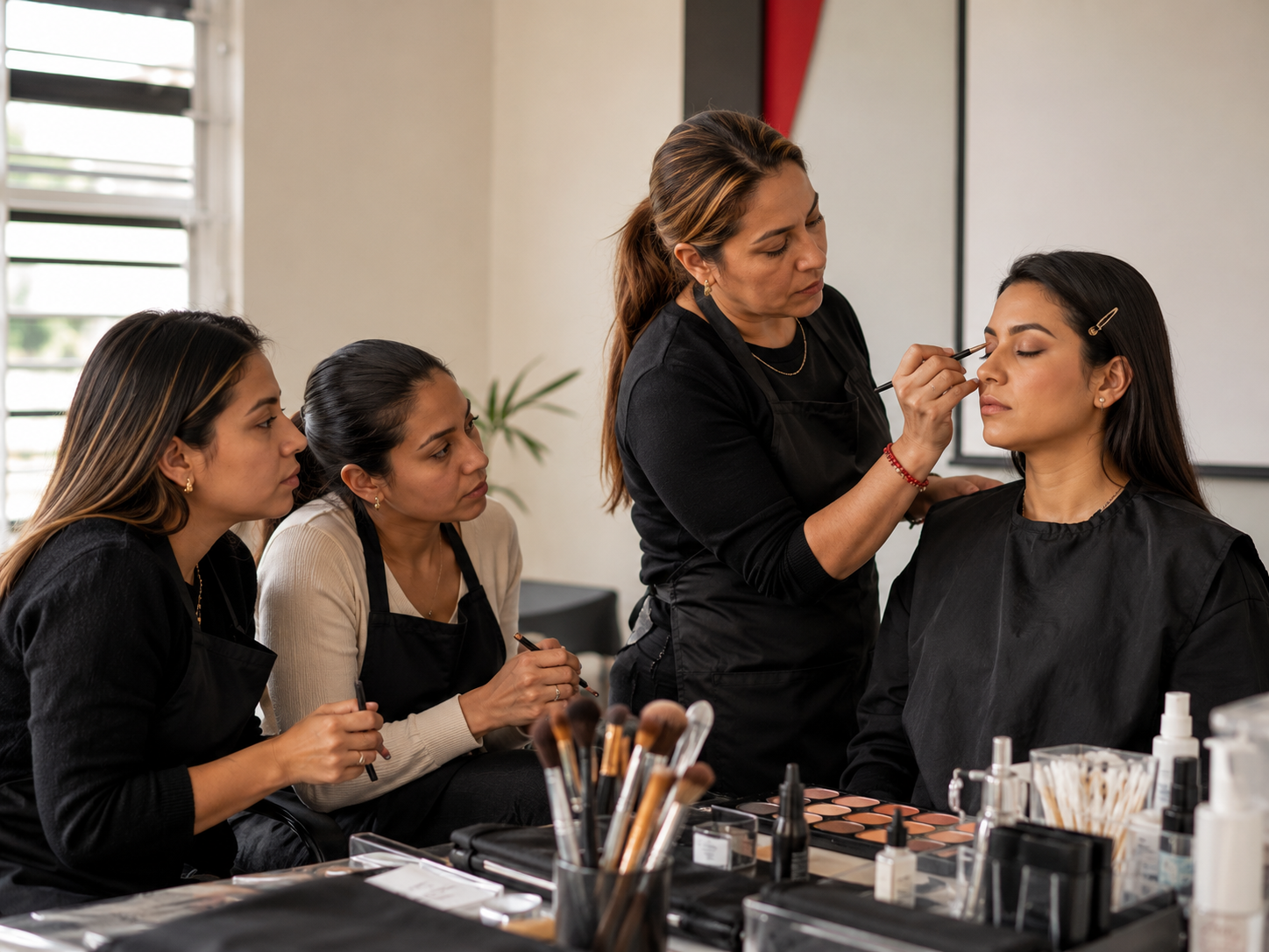 Estudiantes practicando técnicas de maquillaje
