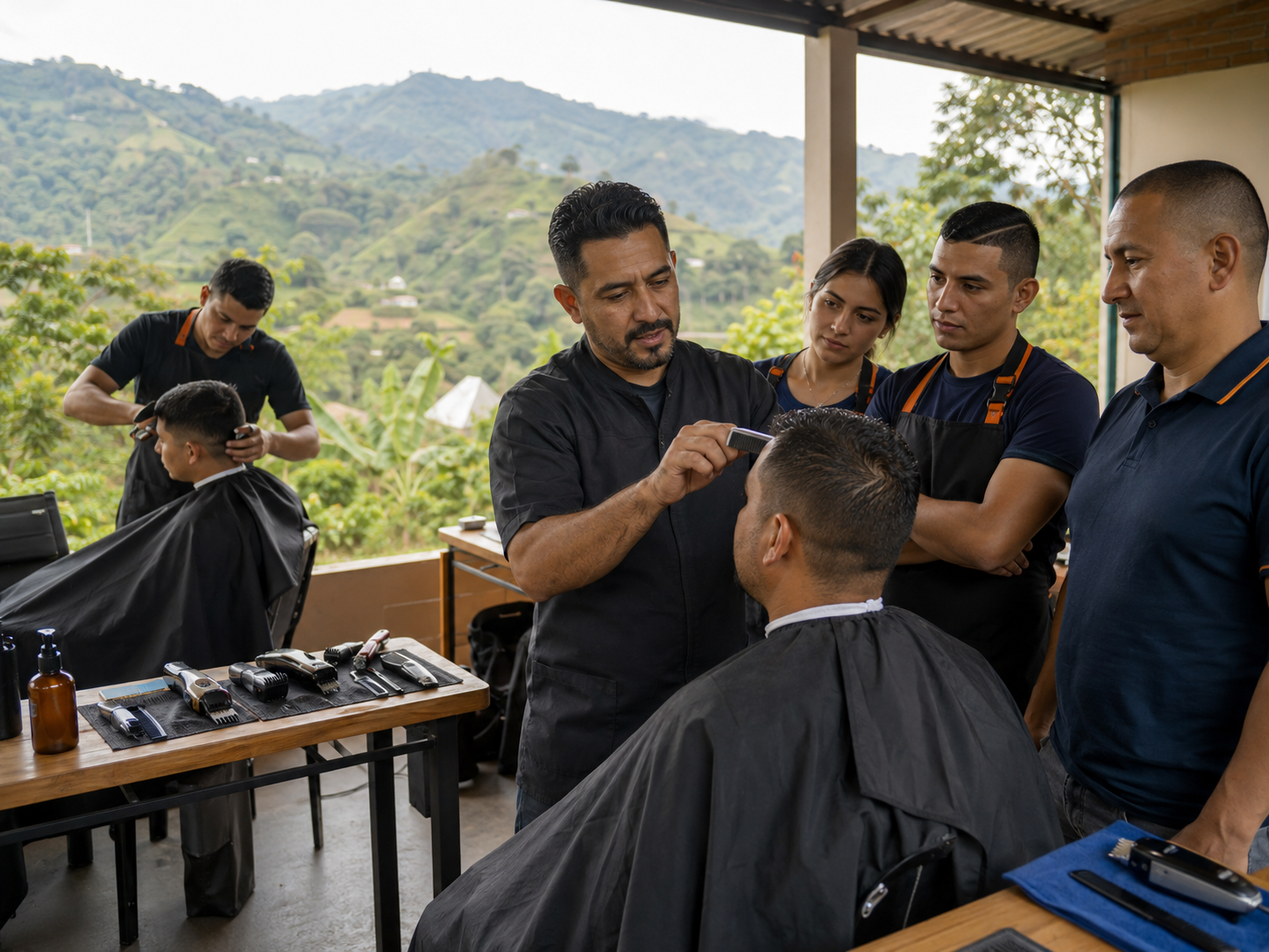 Taller rural de barbería en un entorno montañoso antioqueño