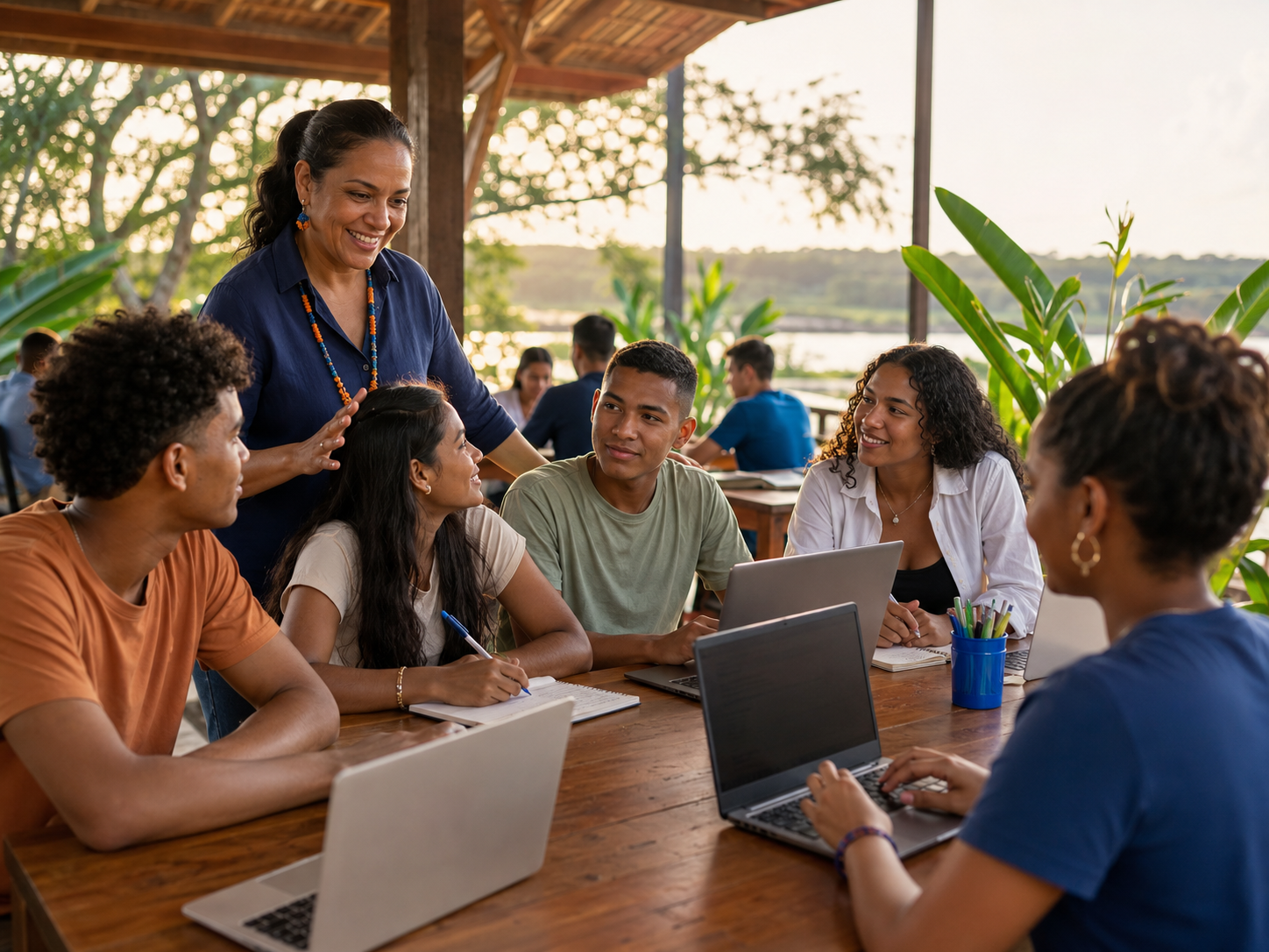 Taller comunitario con estudiantes en un entorno tropical